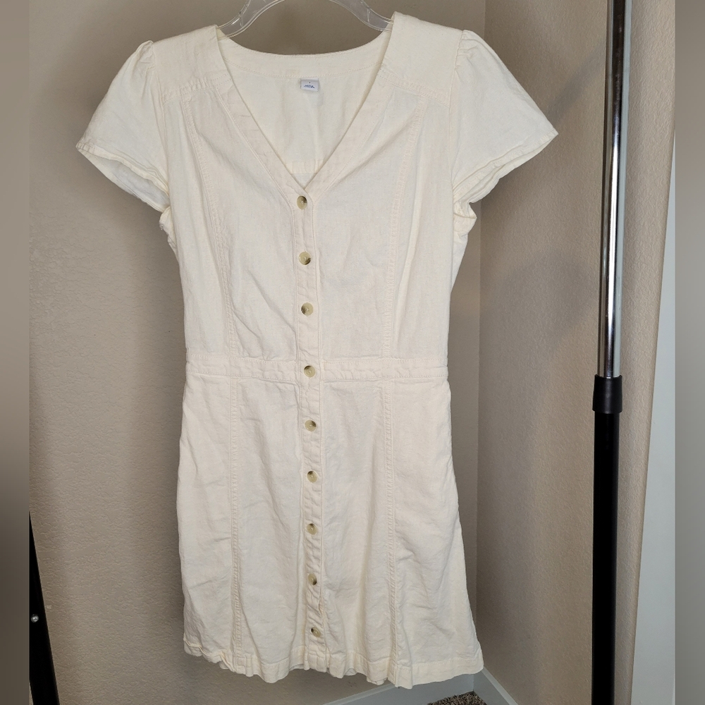 Old Navy Women's Size Small Petite Beige Linen Button Front Fit and Flare Dress